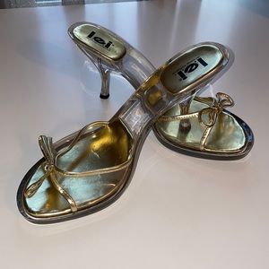 Gold kitten heel open toe shoes